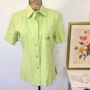 VTG NWT A.K.C. Linen Button Up Top Embroidered Fish Sz S
